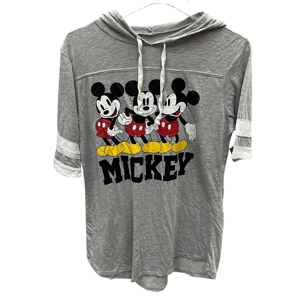 Disney Mickey Mouse Hooded T-Shirt Mens Large Gray Short Sleeve Graphic Hoodie
